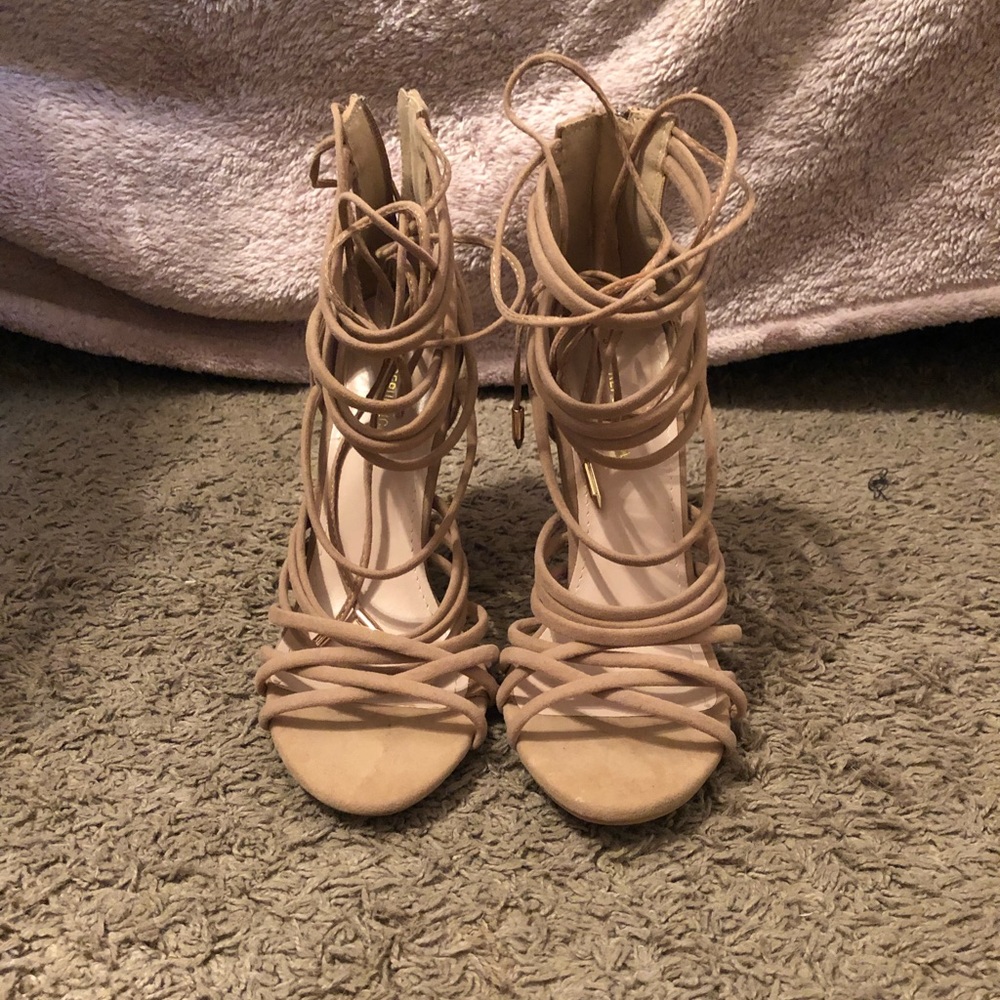 Tan Suede Lace Up Caged Heels